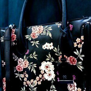 Nine West Floral Satchel – Black with Pink & Cream Blooms